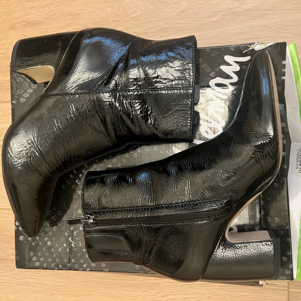 Sam Edelman Black Patent Leather Block Heel Booties - Hilty